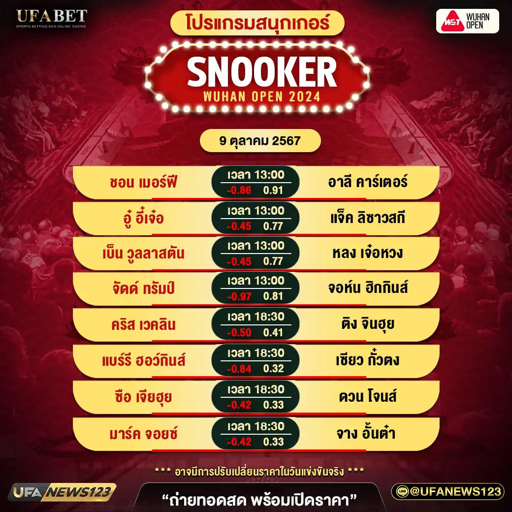 โปรแกรมสนุกเกอร์ SNOOKER WUHAN OPEN 2024 เวลา 13.00 น. 09 ตุลาคม 2567