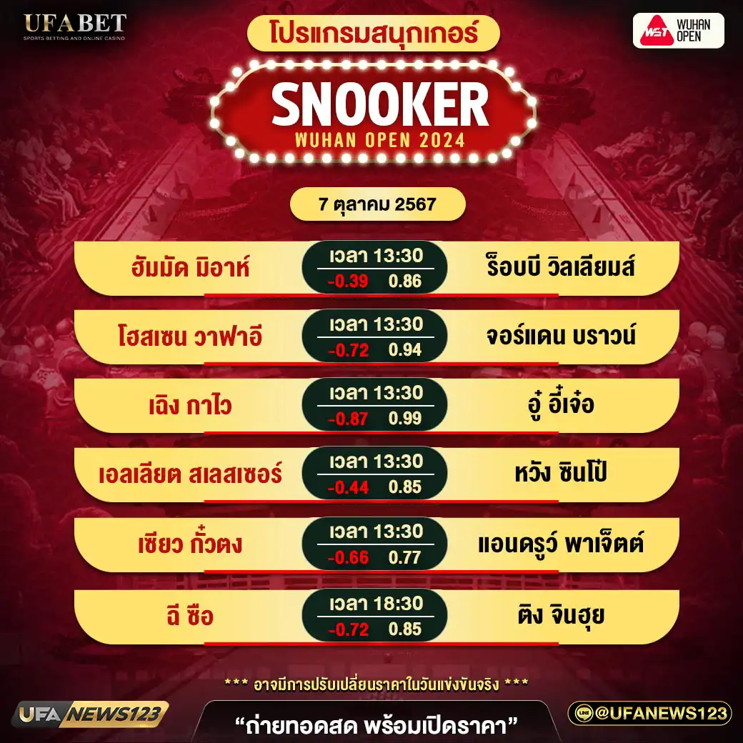 โปรแกรมสนุกเกอร์ SNOOKER WUHAN OPEN 2024 เวลา 13.30 น. 07 ตุลาคม 2567