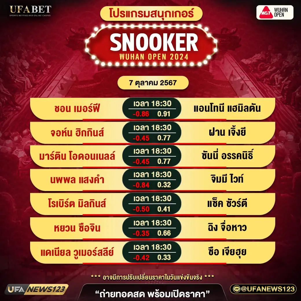 โปรแกรมสนุกเกอร์ SNOOKER WUHAN OPEN 2024 เวลา 18.30 น. 07 ตุลาคม 2567