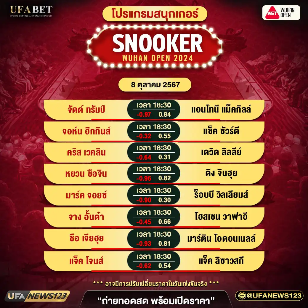 โปรแกรมสนุกเกอร์ SNOOKER WUHAN OPEN 2024 เวลา 18.30 น. 08 ตุลาคม 2567