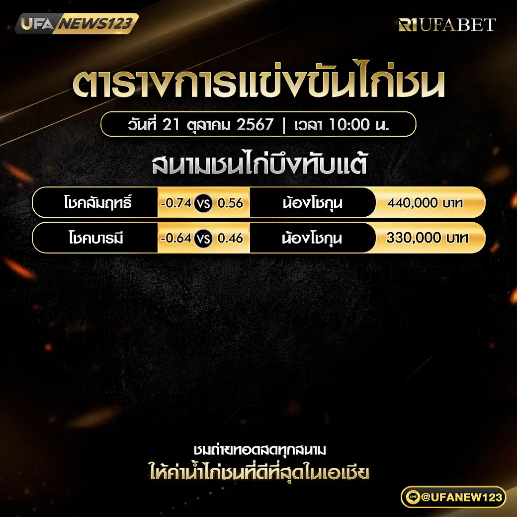 โปรแกรมไก่ชน สนามชนไก่บึงทับแต้ 21 ตุลาคม 2567