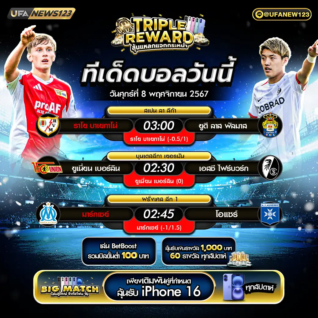 ทีเด็ดบอล แจกบอลสเต็ป 3 คู่ วันที่ 08 พฤศจิกายน 2567