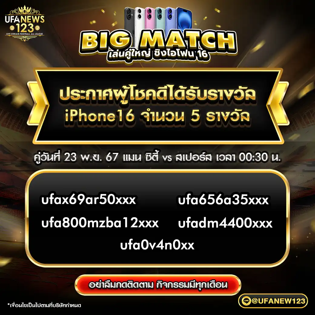 ประกาศผลกิจกรรม Big Match เล่นคู่ใหญ่ ชิงไอโฟน 16 23 พฤศจิกายน 2567