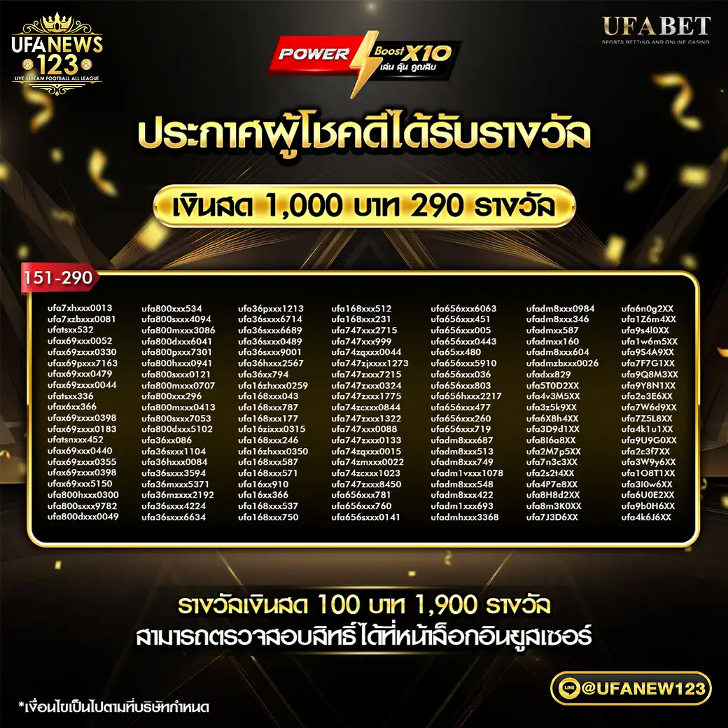 ประกาศผลกิจกรรม Bet Boost X10 เล่น ลุ้น คูณสิบ รางวัล 1,000 บาท 02 พฤศจิกายน 2567