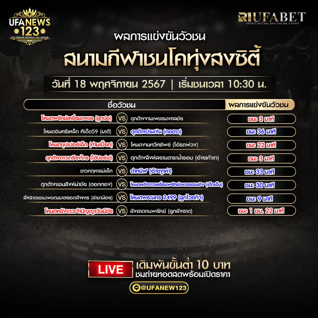 สรุปผลวัวชน สนามกีฬาชนโคทุ่งสงซิตี้ 18 พฤศจิกายน 2567