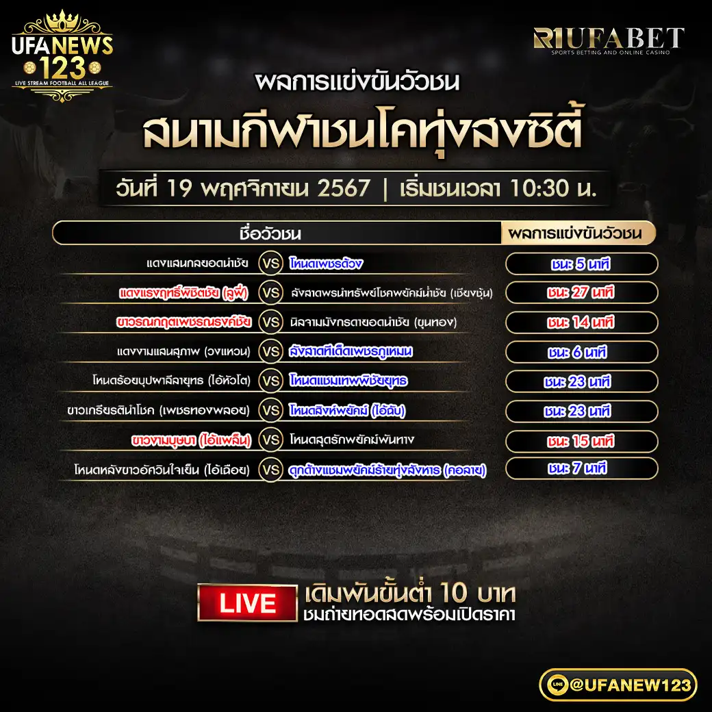 ผลวัวชน สนามชนโคทุ่งสงซิตี้ 19 พฤศจิกายน 2567