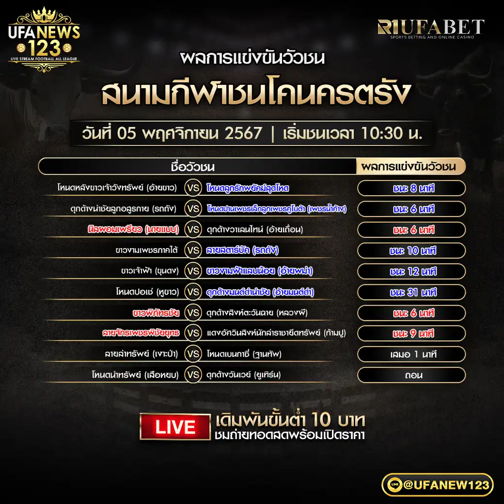 ผลวัวชน สนามชนโคนครตรัง 05 พฤศจิกายน 2567