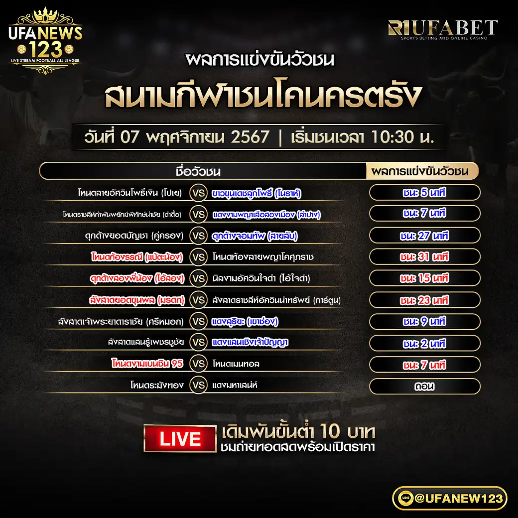 ผลวัวชน สนามชนโคนครตรัง 07 พฤศจิกายน 2567