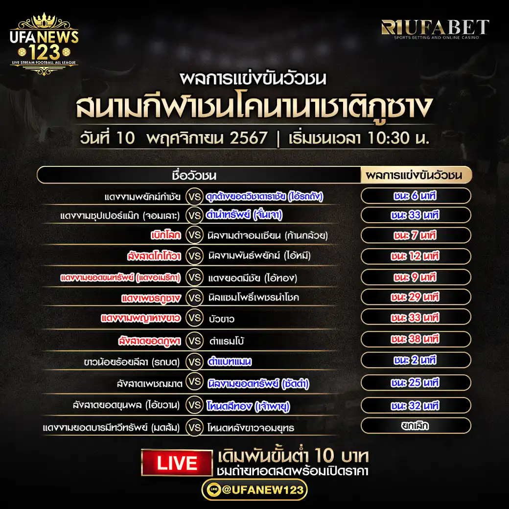 สรุปผลวัวชน สนามกีฬาชนโคนานาชาติภูซาง 10 พฤศจิกายน 2567