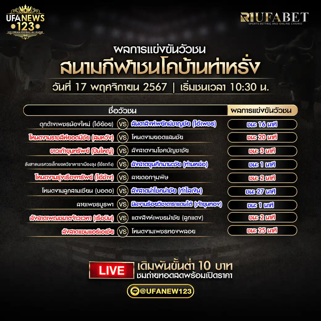 สรุปผลวัวชน สนามกีฬาชนโคบ้านท่าหรั่ง 17 พฤศจิกายน 2567