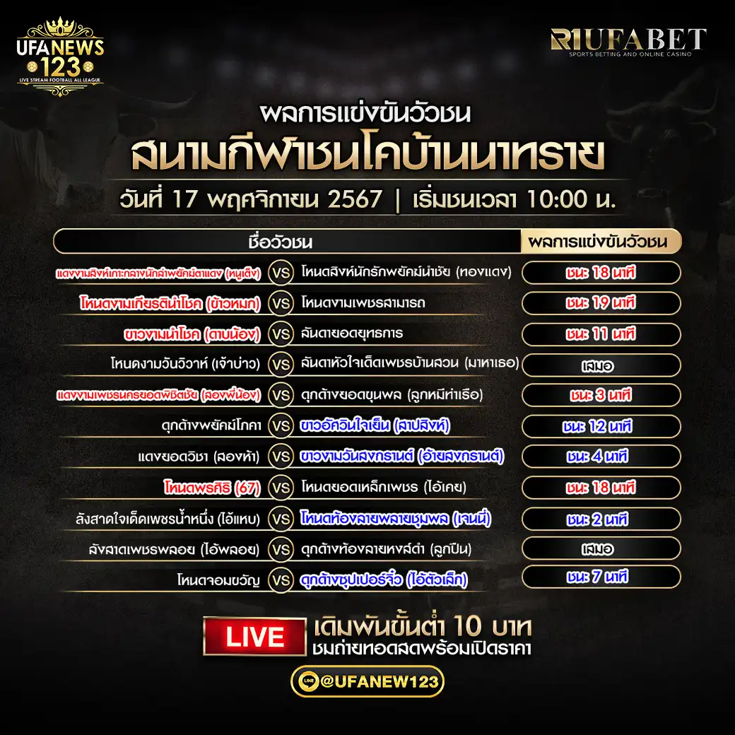 สรุปผลวัวชน สนามกีฬาชนโคบ้านนาทราย 17 พฤศจิกายน 2567