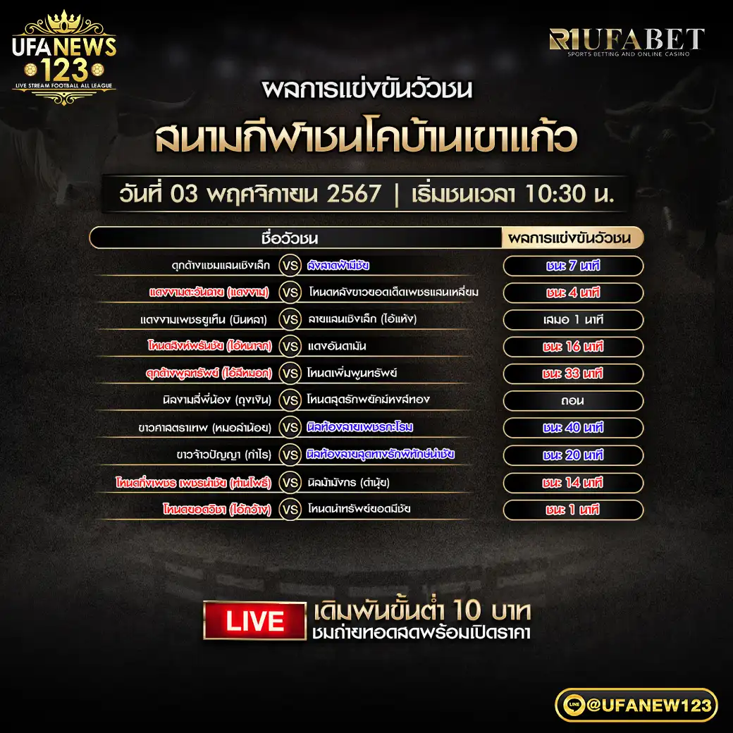 ผลวัวชน สนามชนโคบ้านเขาแก้ว 03 พฤศจิกายน 2567