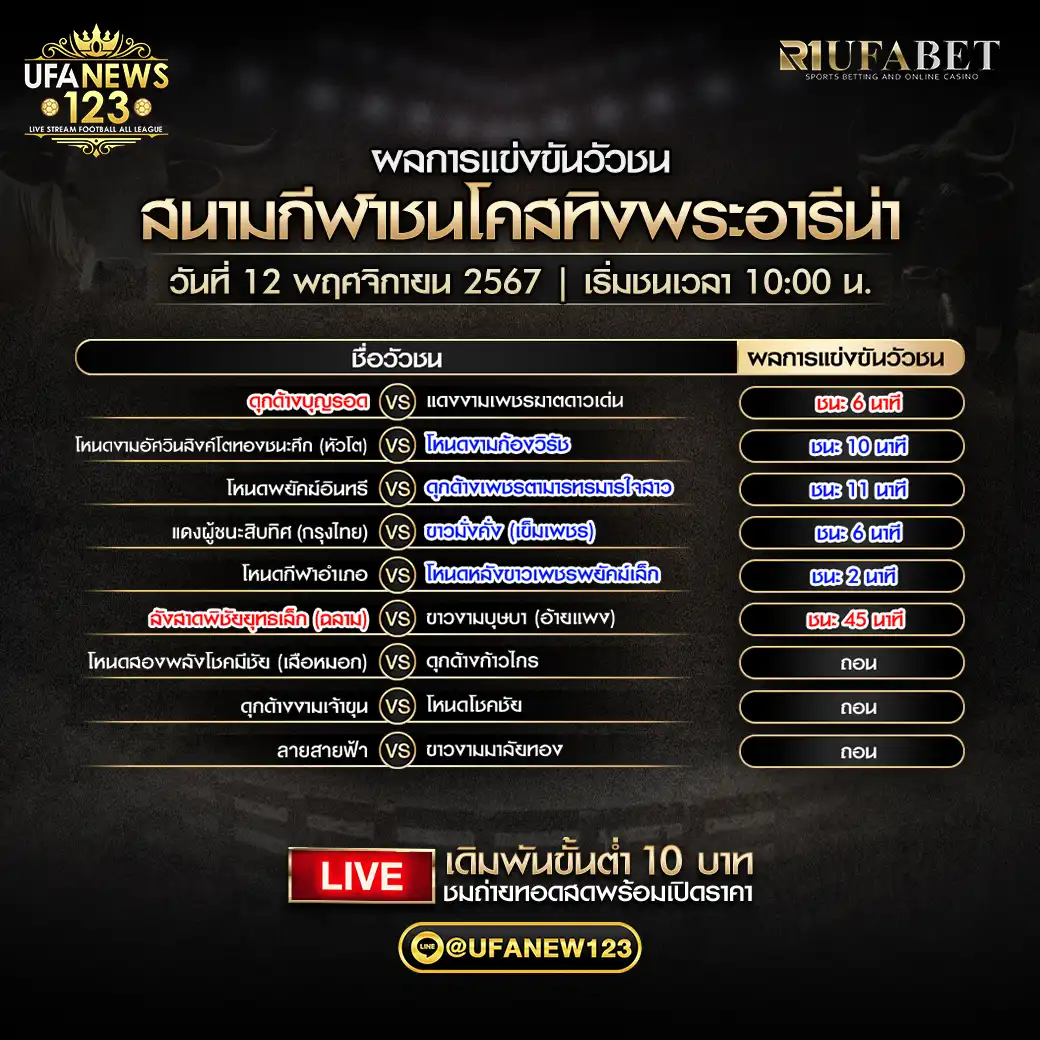 สรุปผลวัวชน สนามกีฬาชนโคสทิงพระอารีน่า 12 พฤศจิกายน 2567