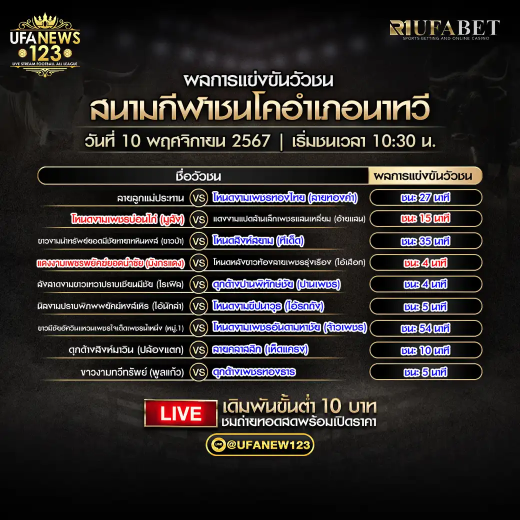 สรุปผลวัวชน สนามกีฬาชนโคอำเภอนาทวี 10 พฤศจิกายน 2567