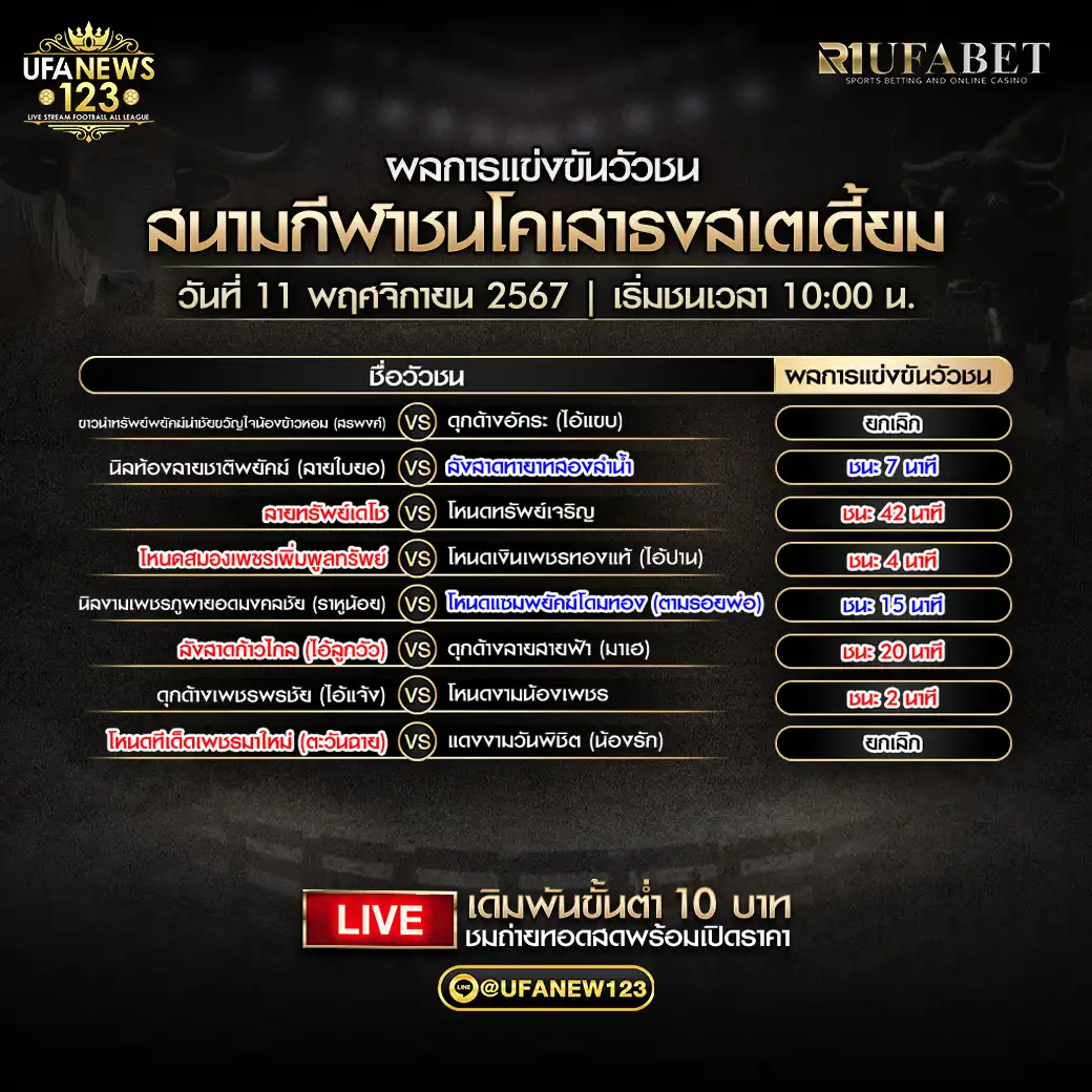 สรุปผลวัวชน สนามกีฬาชนโคเสาธงสเตเดี้ยม 11 พศฤจิกายน 2567