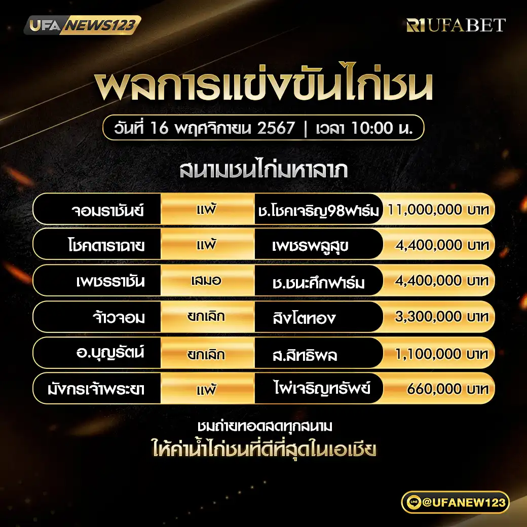 สรุปผลไก่ชน สนามชนไก่ทองอินเตอร์ 16 พฤศจิกายน 2567