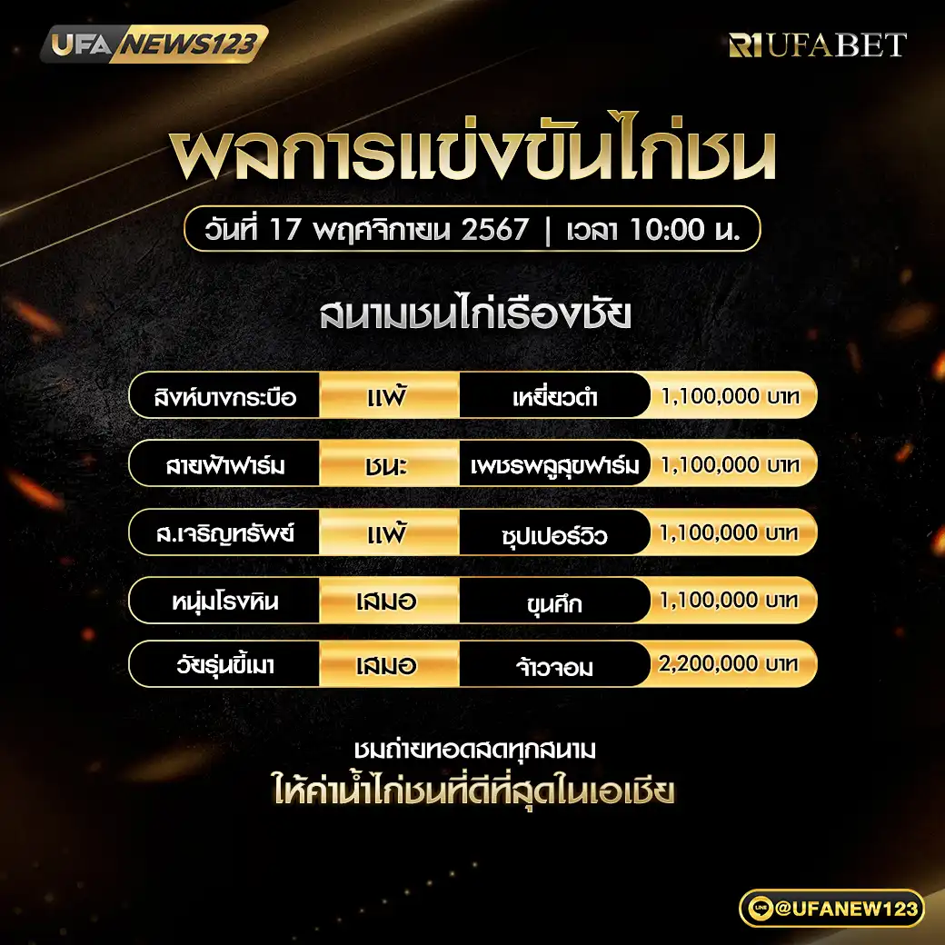 สรุปผลไก่ชน สนามชนไก่เรืองชัย 17 พฤศจิกายน 2567