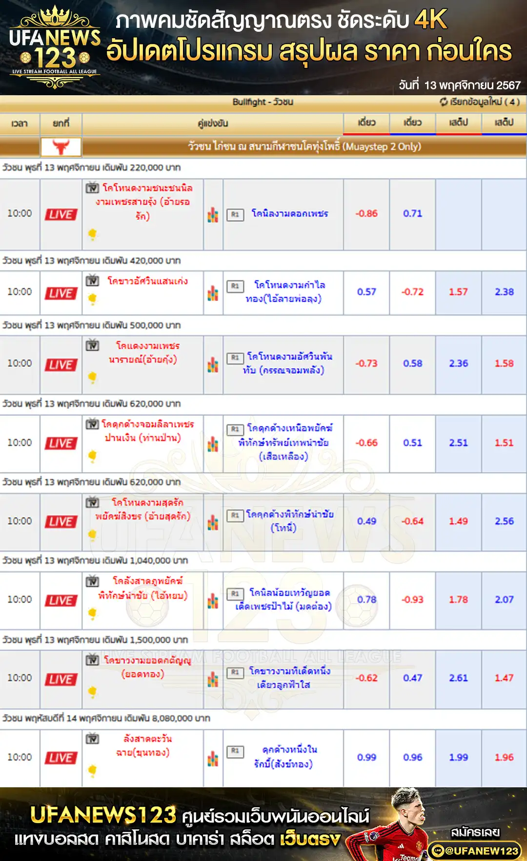 ราคาวัวชน สนามชนโคทุ่งโพธิ์สเตเดียม เริ่มเวลา 10:00 น. 13 พฤศิจกายน 2567