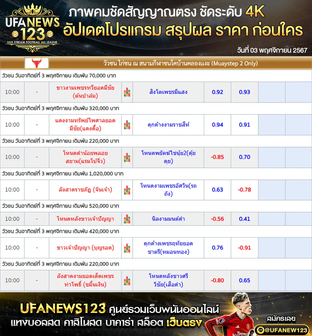 ราคาวัวชน สนามชนโคบ้านคลองแงะ เริ่มชนเวลา 10.30 น. 03 พฤศจิกายน 2567