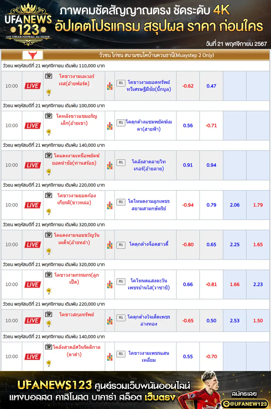 ราคาวัวชน สนามชนโคบ้านควนธานี เริ่มชนเวลา 10.45 น. 21 พฤศจิกายน 2567