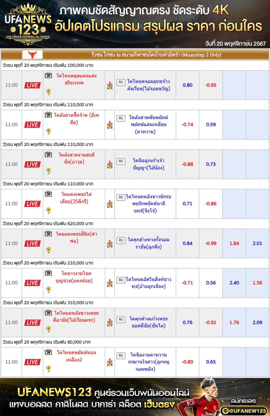 ราคาวัวชน สนามชนโคบ้านท่ามิหรำ เริ่มชนเวลา 11.00 น. 20 พฤศจิกายน 2567