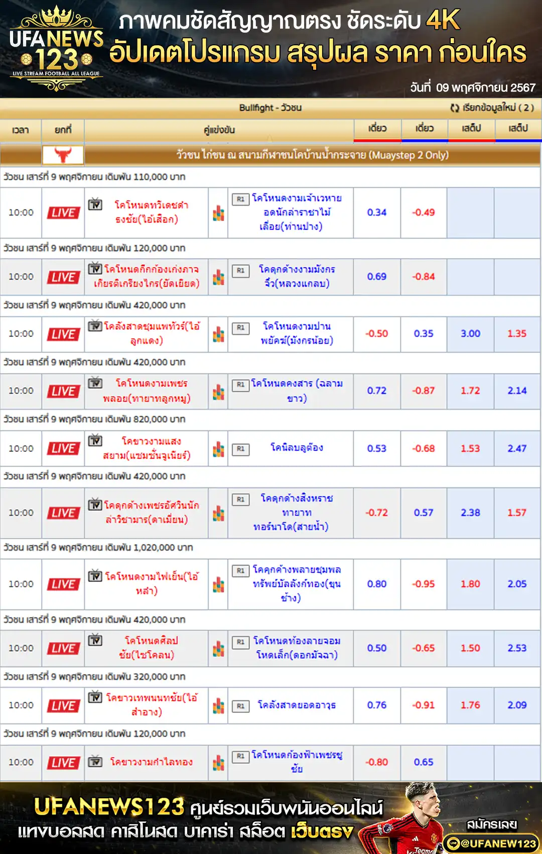 ราคาวัวชน สนามกีฬาชนโคบ้านน้ำกระจาย (ยุคใหม่) เริ่มชนเวลา 10:30 น. 09  พฤศจิกายน 2567