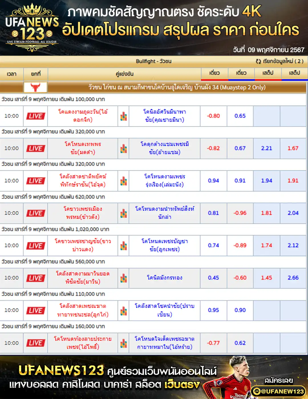 ราคาวัวชน สนามกีฬาชนโคบ้านผัง34 เริ่มชนเวลา 10:45 น. 09  พฤศจิกายน 2567