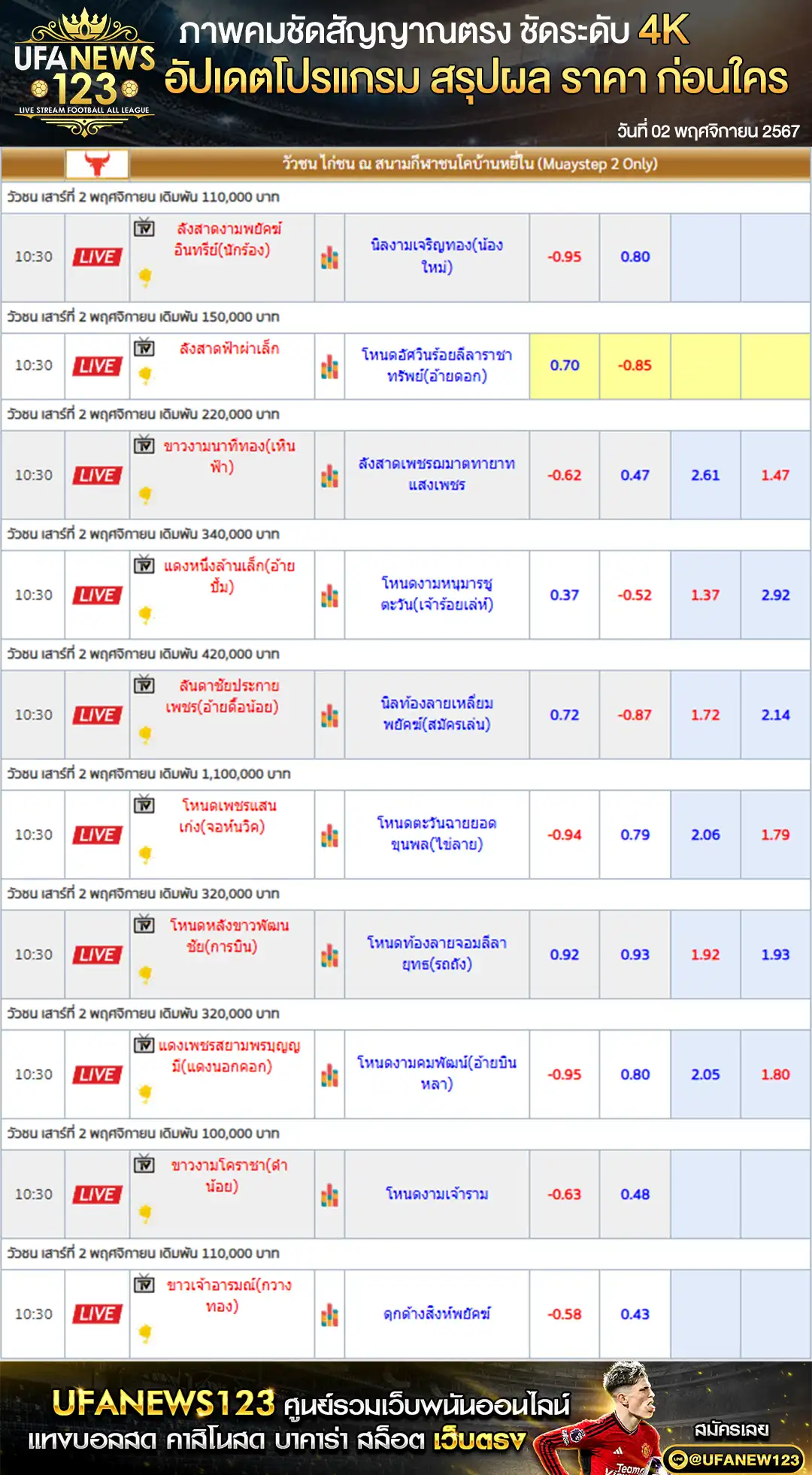 ราคาวัวชน สนามชนโคบ้านหยีใน เริ่มชนเวลา 10.30 น. 02 พฤศจิกายน 2567