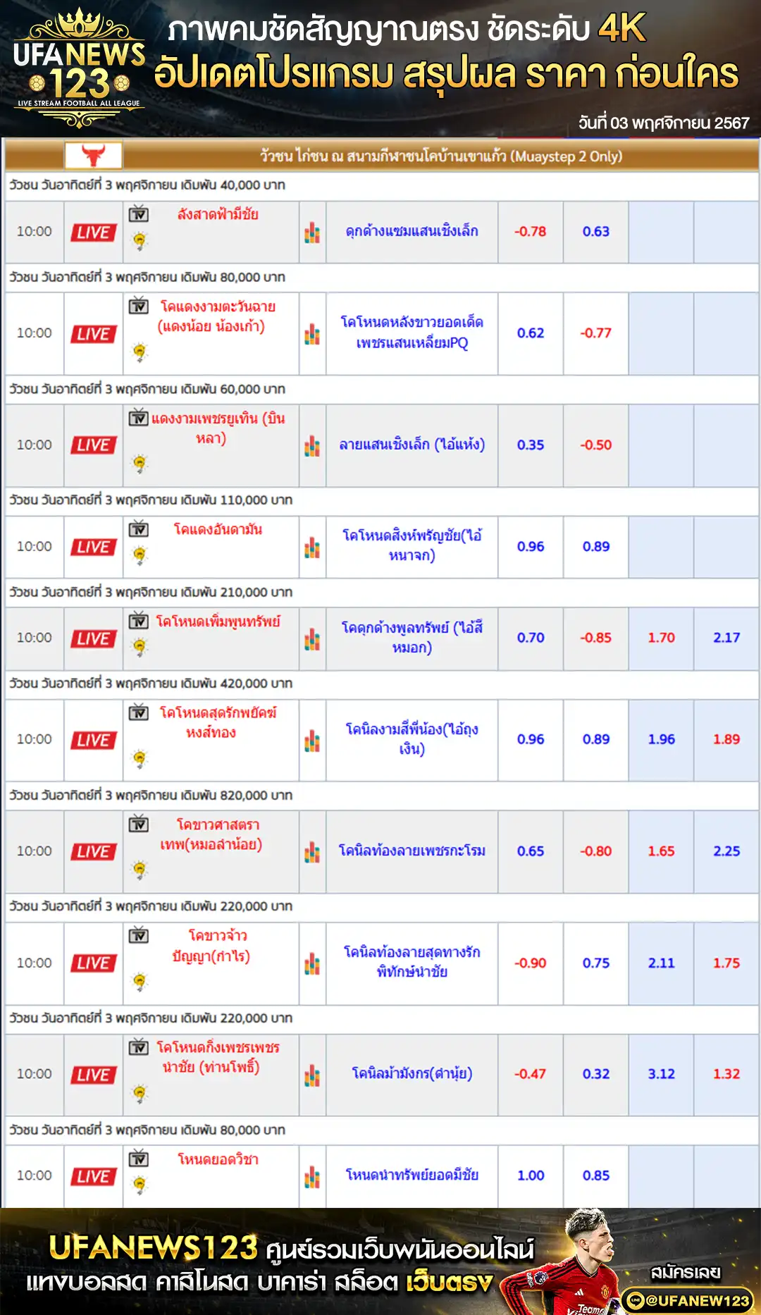 ราคาวัวชน สนามชนโคบ้านเขาแก้ว เริ่มชนเวลา 10.30 น. 03 พฤศจิกายน 2567