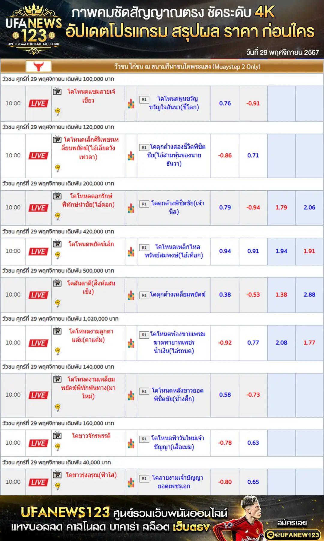 ราคาวัวชน สนามชนโคพระแสง เริ่มชนเวลา 10.30 น. 29 พฤศจิกายน 2567