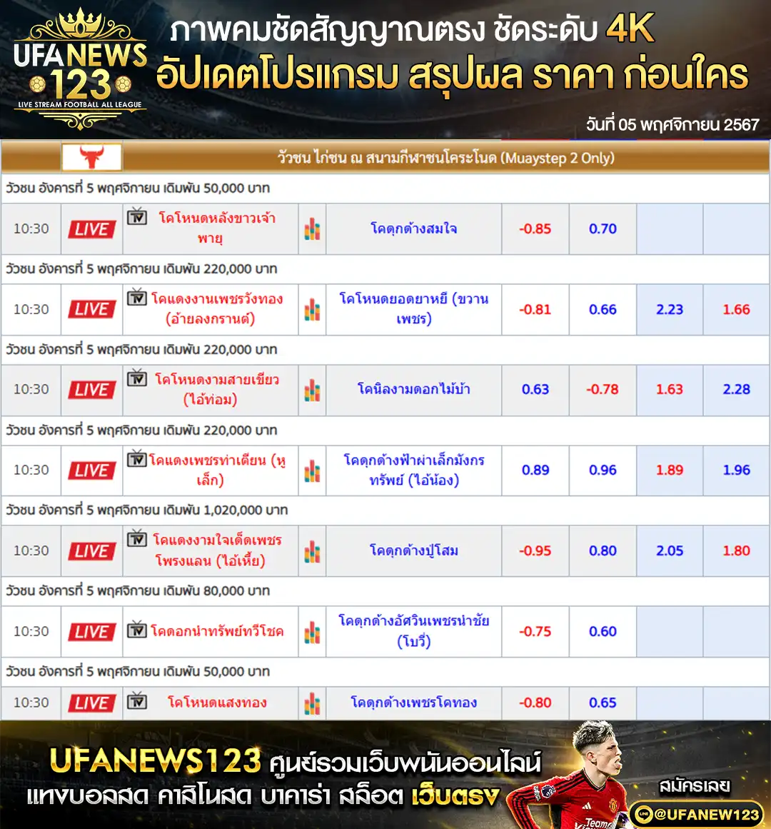 ราคาวัวชน สนามชนโคระโนด เริ่มชนเวลา 10.30 น. 05 พฤศจิกายน 2567