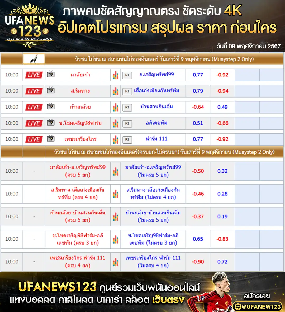 ราคาไก่ชน สนามชนไก่ทองอินเตอร์ เริ่มเวลา 10.00 น. 09 พฤศจิกายน 2567