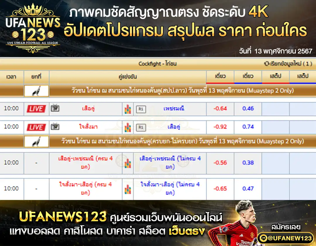 ราคาไก่ชน สนามชนไก่หนองคันคู 13 พฤศจิกายน 2567