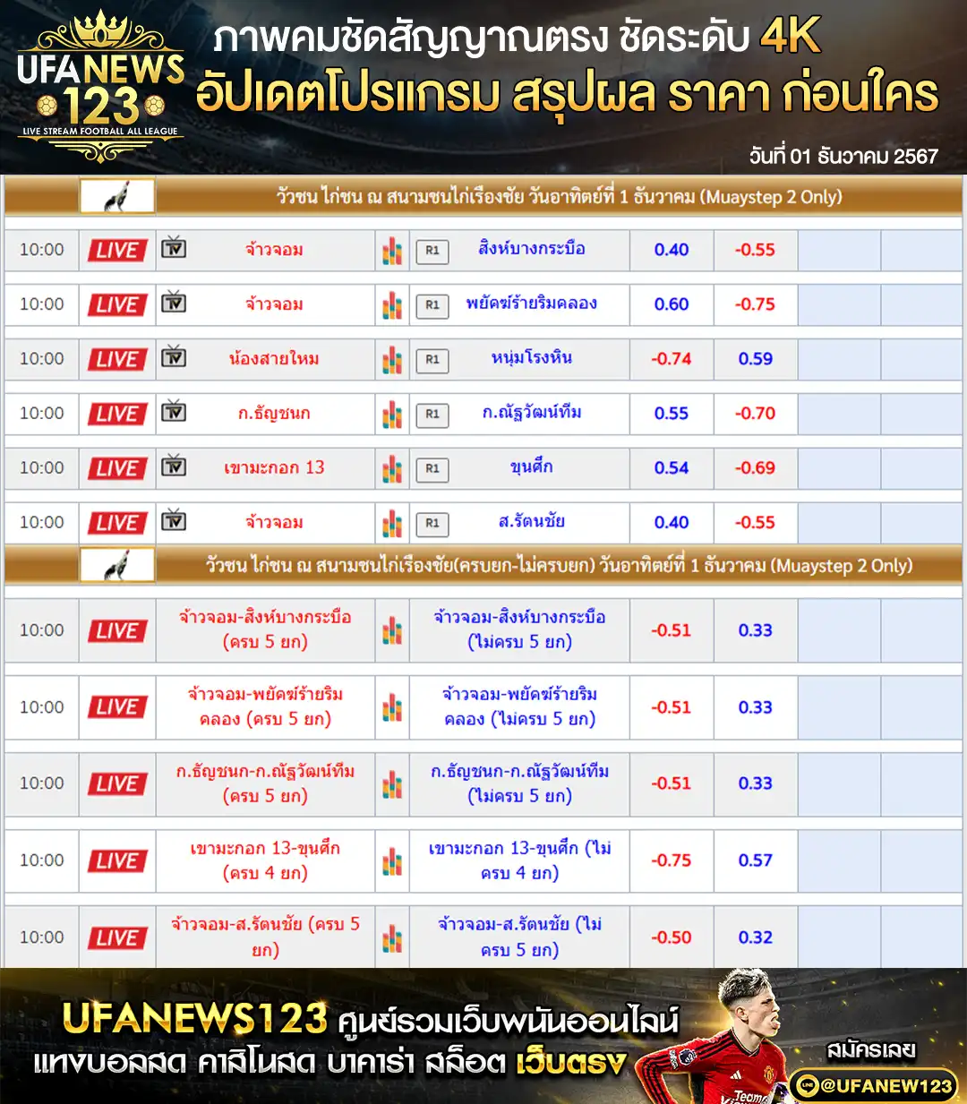 ราคาไก่ชน สนามชนไก่เรืองชัย เริ่มเวลา 10.00 น. 01 ธันวาคม 2567