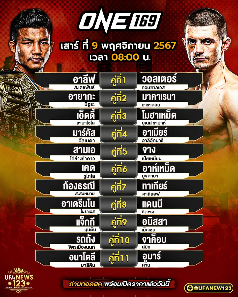 โปรแกรมมวย ONE 169 เริ่มเวลา 08.00 น. 09 พฤศจิกายน 2567