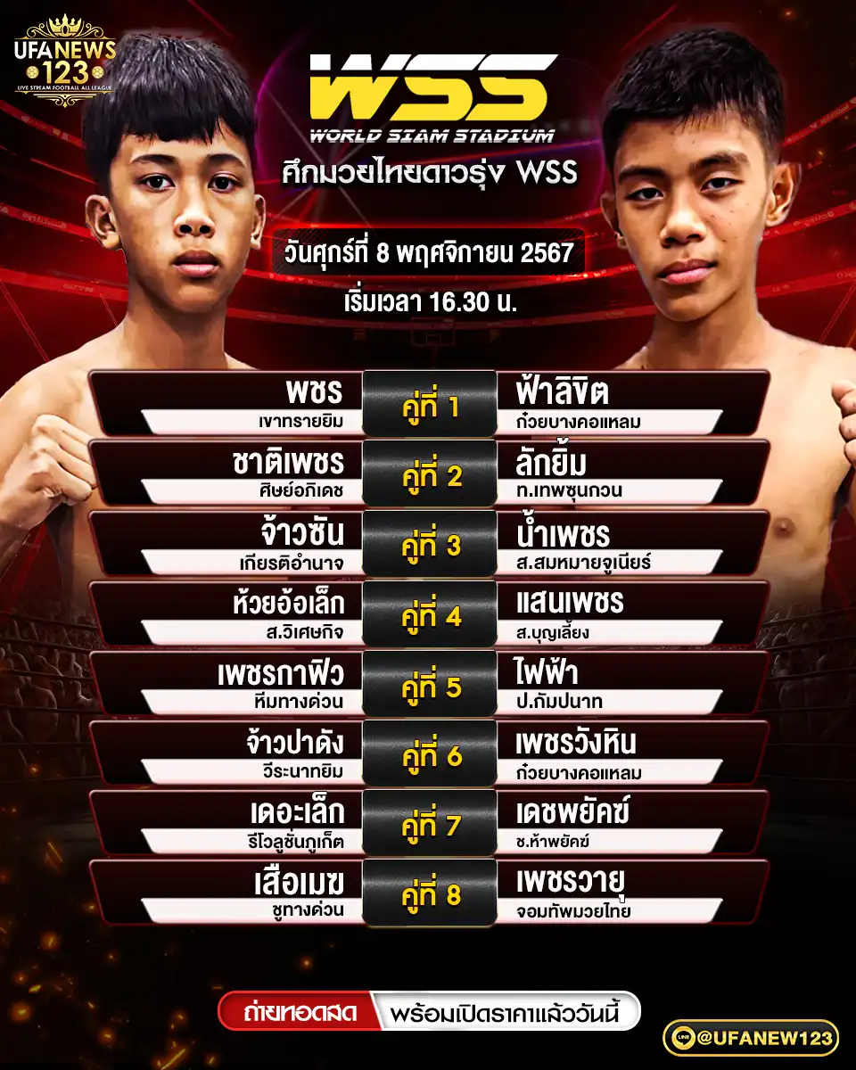 โปรแกรมมวย ศึกมวยไทยดาวรุ่ง WSS เริ่มเวลา 16.30 น. 08 พฤศจิกายน 2567