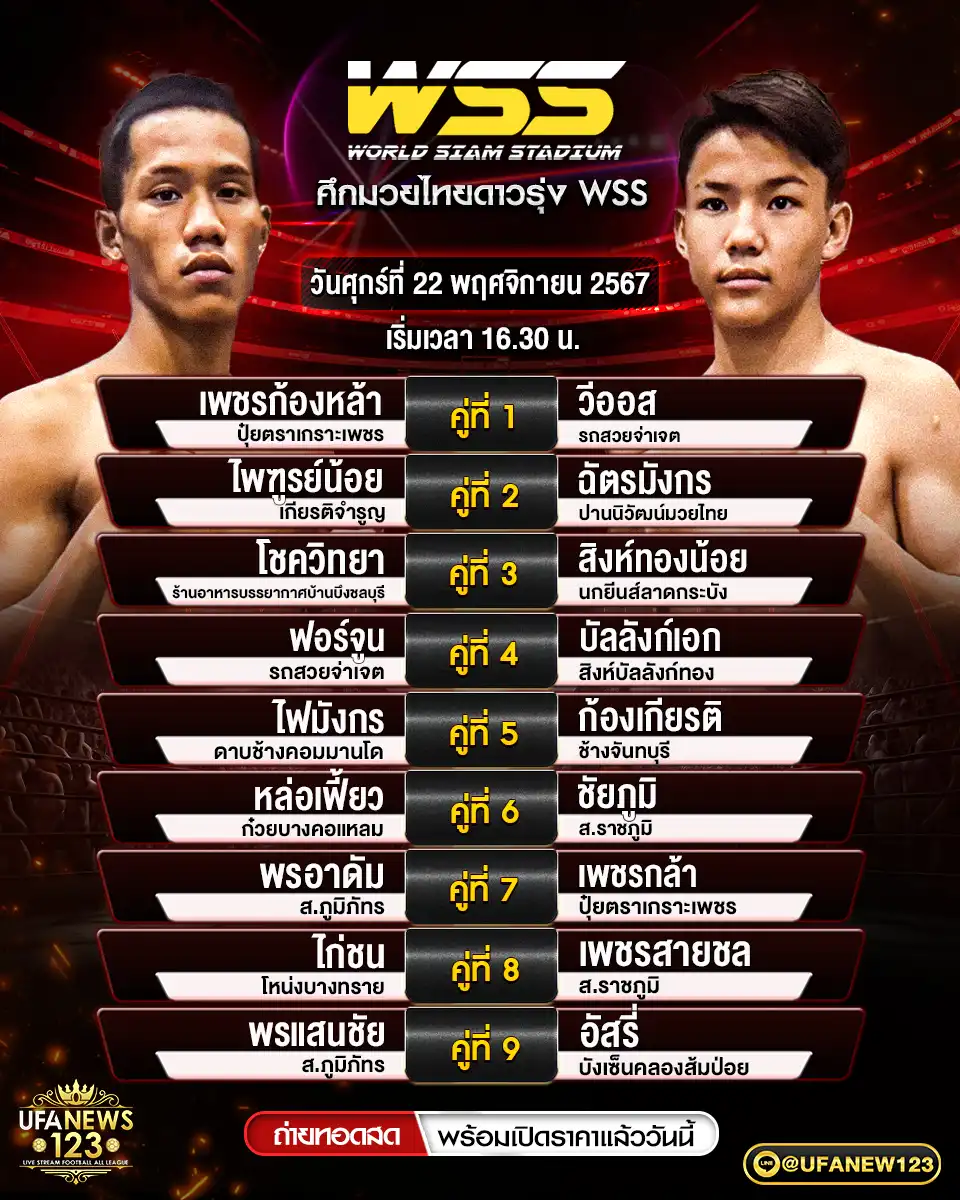 โปรแกรมมวย ศึกมวยไทยดาวรุ่ง WSS เริ่มเวลา 16.30 น. 22 พฤศจิกายน 2567