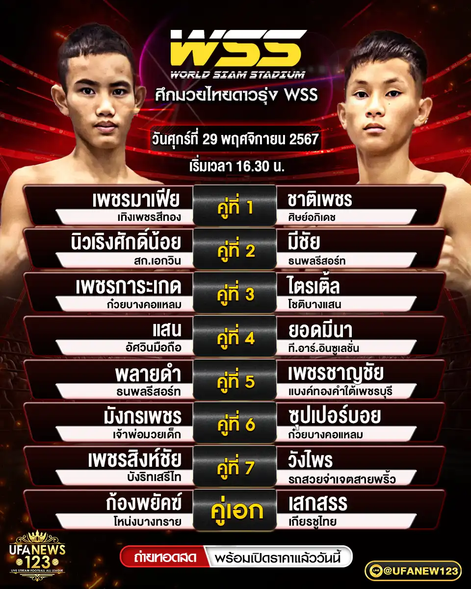 โปรแกรมมวย ศึกมวยไทยดาวรุ่ง WSS เริ่มเวลา 16.30 น. 29 พฤศจิกายน 2567