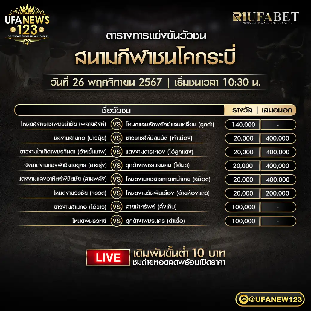 โปรแกรมวัวชน สนามชนโคกระบี่ เริ่มชนเวลา 10.30 น. 26 พฤศจิกายน 2567