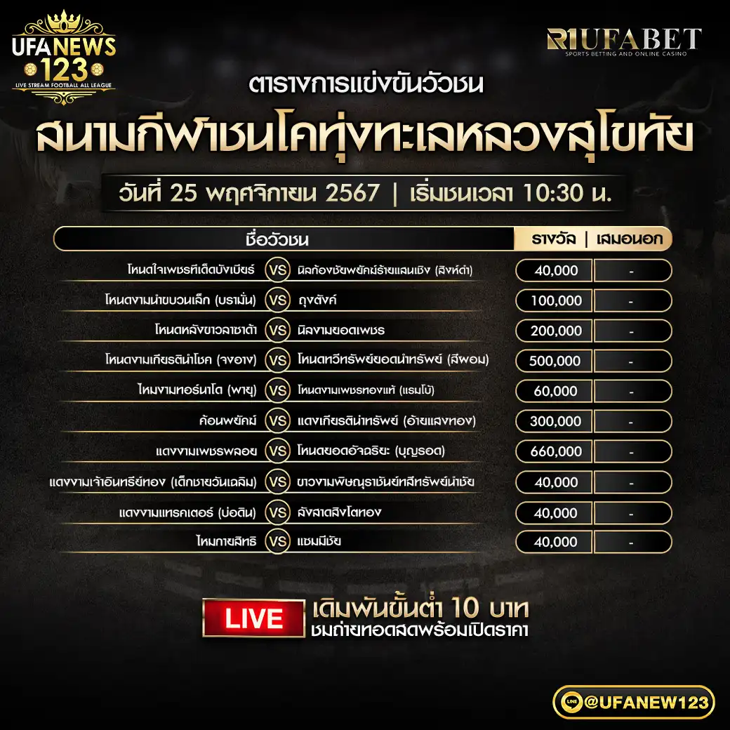 โปรแกรมวัวชน สนามชนโคทุ่งทะเลหลวงสุโขทัย เริ่มชนเวลา 10.30 น. 25 พฤศจิกายน 2567