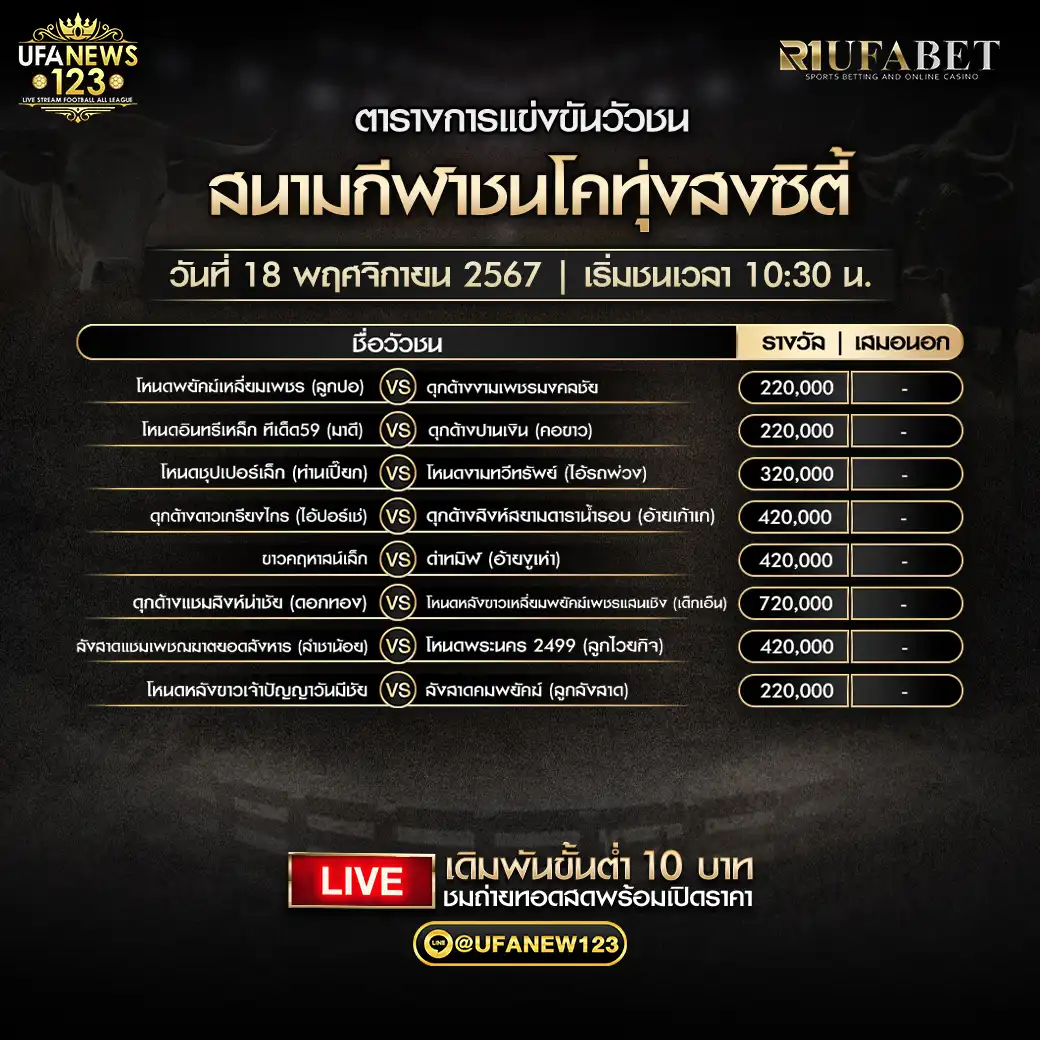 โปรแกรมวัวชน สนามกีฬาชนโคทุ่งสงซิตี้ เริ่มชนเวลา 10:30 น. 18 พฤศจิกายน 2567