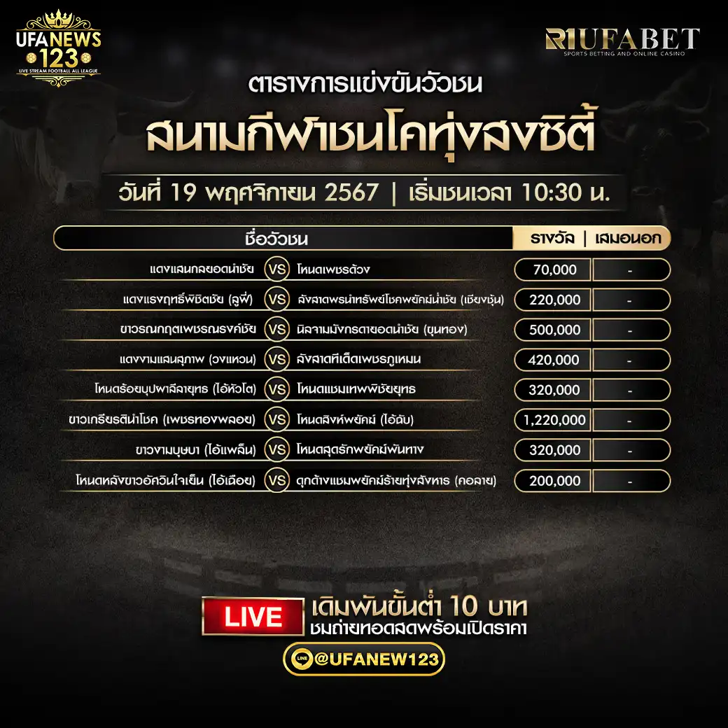 โปรแกรมวัวชน สนามกีฬาชนโคทุ่งสงซิตี้ เริ่มชนเวลา 10:30 น. 19 พฤศจิกายน 2567