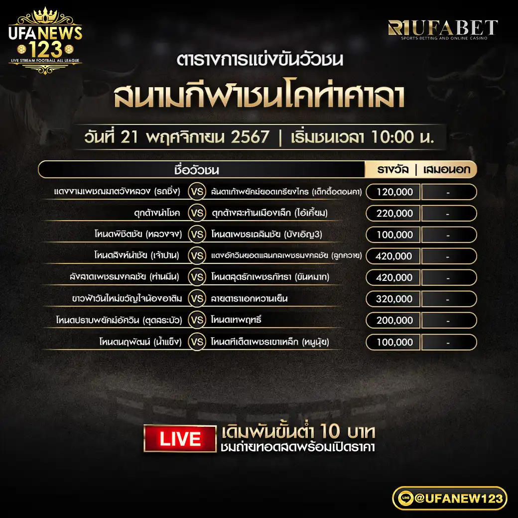 โปรแกรมวัวชน สนามชนโคท่าศาลา เริ่มชนเวลา 10.00 น. 21 พฤศจิกายน 2567