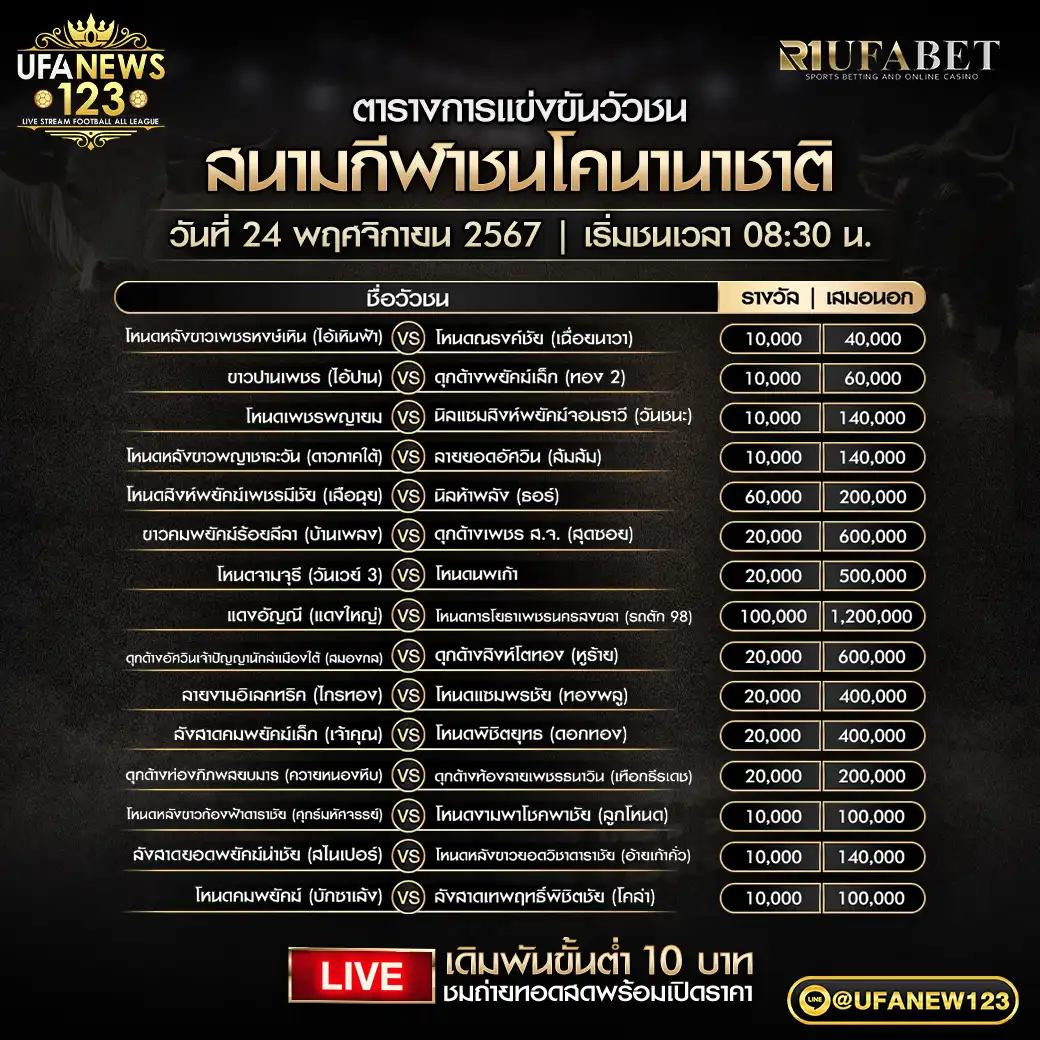 โปรแกรมวัวชน สนามชนโคนานาชาติ เริ่มชนเวลา 08.30 น. 24 พฤศจิกายน 2567