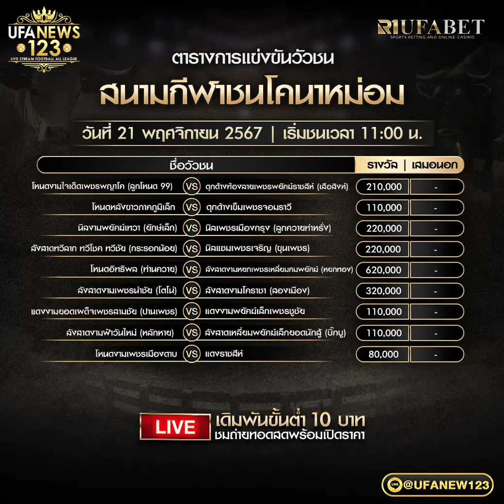 โปรแกรมวัวชน สนามชนโคนาหม่อม เริ่มชนเวลา 11.00 น. 21 พฤศจิกายน 2567