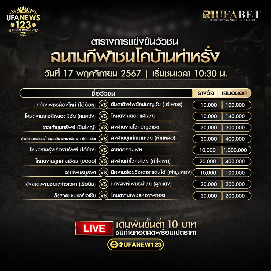 โปรแกรมวัวชน สนามกีฬาชนโคบ้านท่าหรั่ง เริ่มชนเวลา 10:30 น. 17 พฤศจิกายน 2567