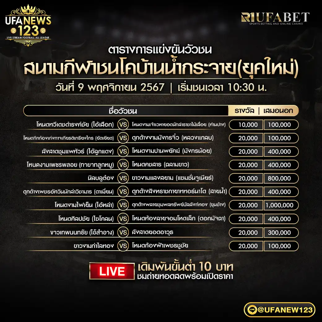 โปรแกรมวัวชน สนามชนโคบ้านน้ำกระจาย (ยุคใหม่) เริ่มชนเวลา 10.30 น. 09 พฤศจิกายน 2567