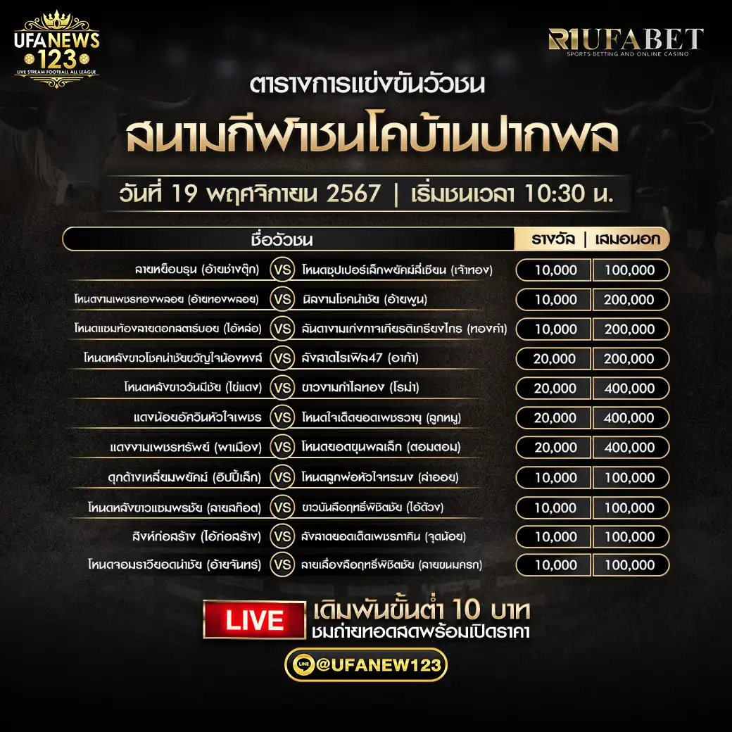 โปรแกรมวัวชน สนามกีฬาชนโคบ้านปากพล เริ่มชนเวลา 10:30 น. 19 พฤศจิกายน 2567