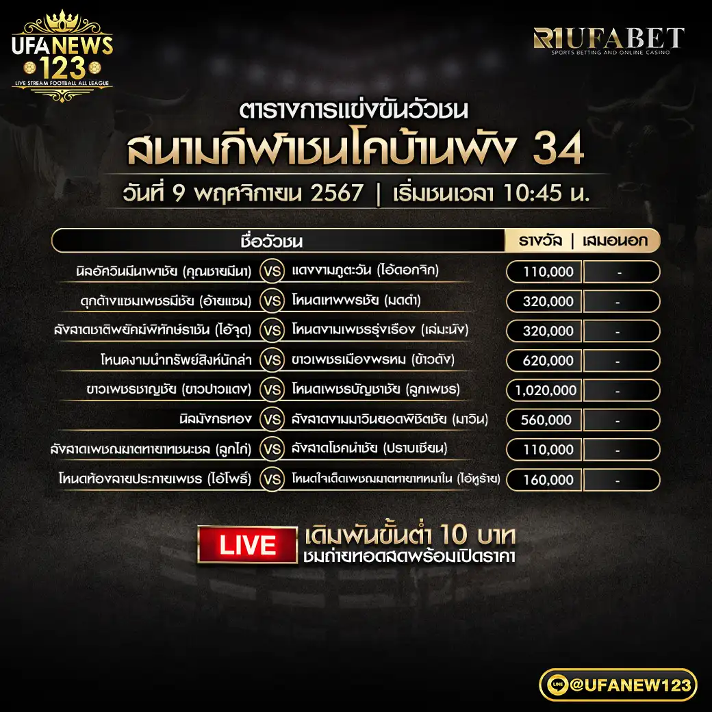 โปรแกรมวัวชน สนามชนโคบ้านผัง 34 เริ่มชนเวลา 10.45 น. 09 พฤศจิกายน 2567