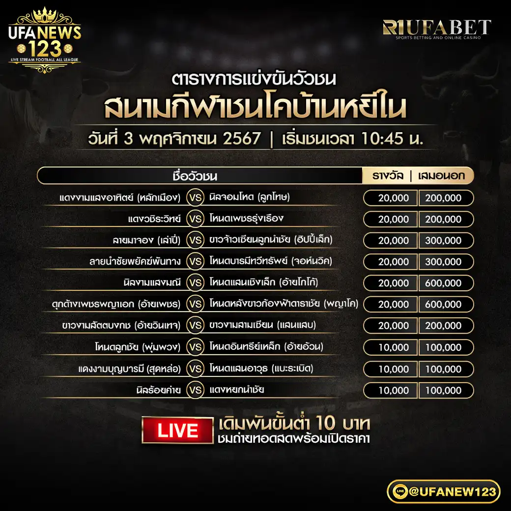 โปรแกรมวัวชน สนามชนโคบ้านหยีใน เริ่มชนเวลา 10.45 น. 03 พฤศจิกายน 2567